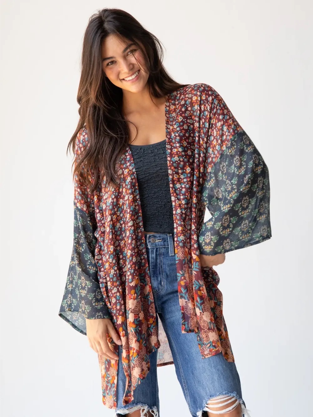 Natural Life Sierra Mixed Print Open Front Kimono in Brown Teal Floral L/XL